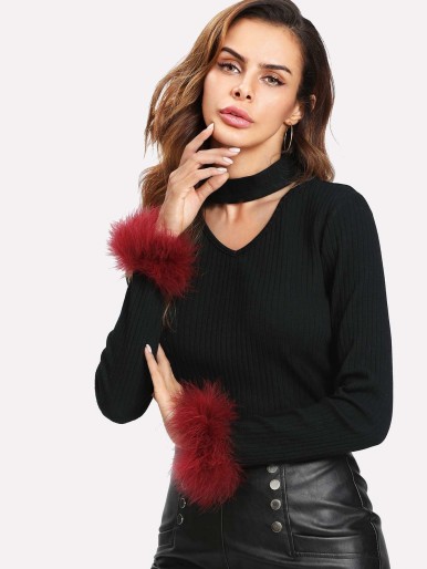 Contrast Faux Fur Cuff Choker Neck Ribbed Tee