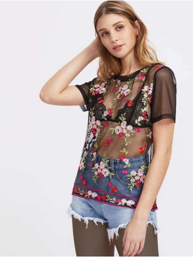 Flower Embroidered Tulle Top