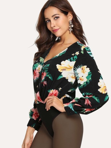 Tropical Print Wrap Blouse Bodysuit