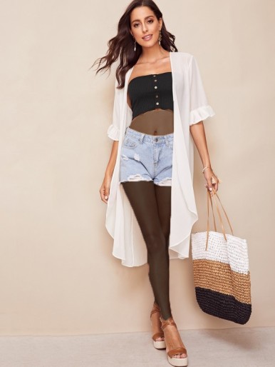 Open Front Bell Sleeve Solid Kimono