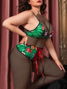 Plus Tropical Print Contrast Mesh Lingerie Set With Garter