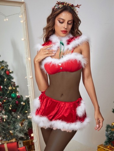 4pack Fuzzy Trim Velvet Christmas Lingerie Set