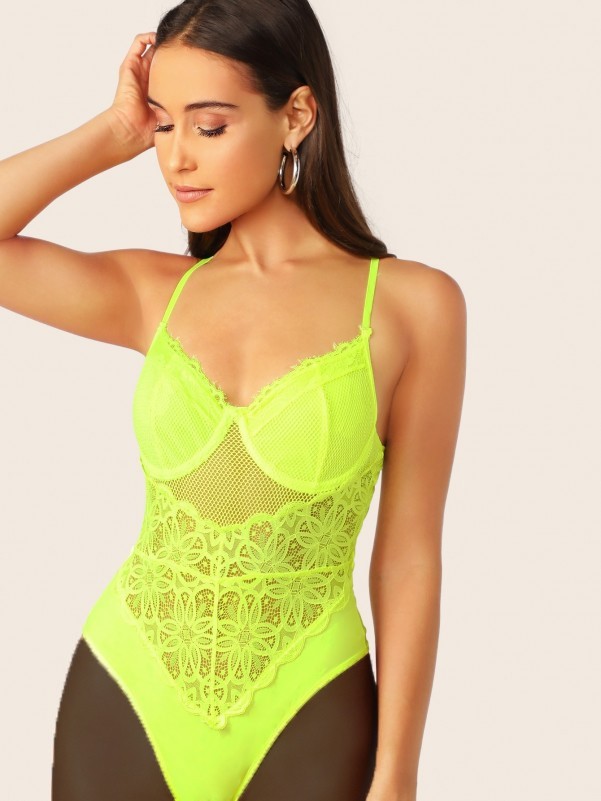 SHEIN Neon Lime Sheer Lace Cami Bodysuit