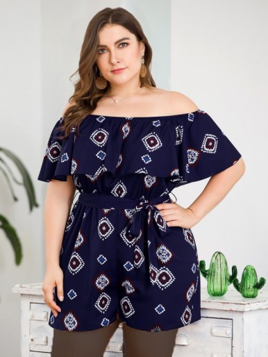 Plus Off Shoulder Tribal Print Belted Romper