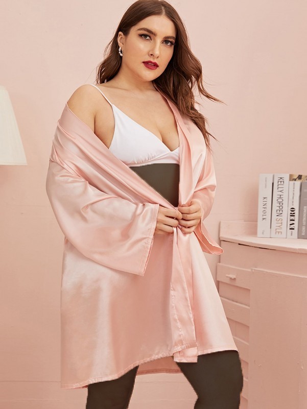 Plus Self Tie Solid Satin Robe Without Bra