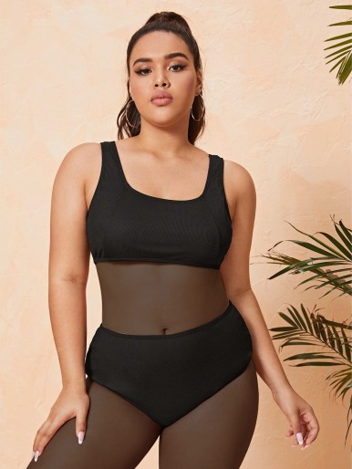 Plus Scoop Neck High Waisted Bikini Swimsuit