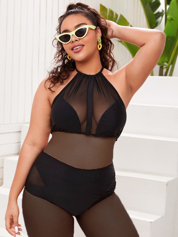 Plus Contrast Mesh High Waisted Bikini Swimsuit