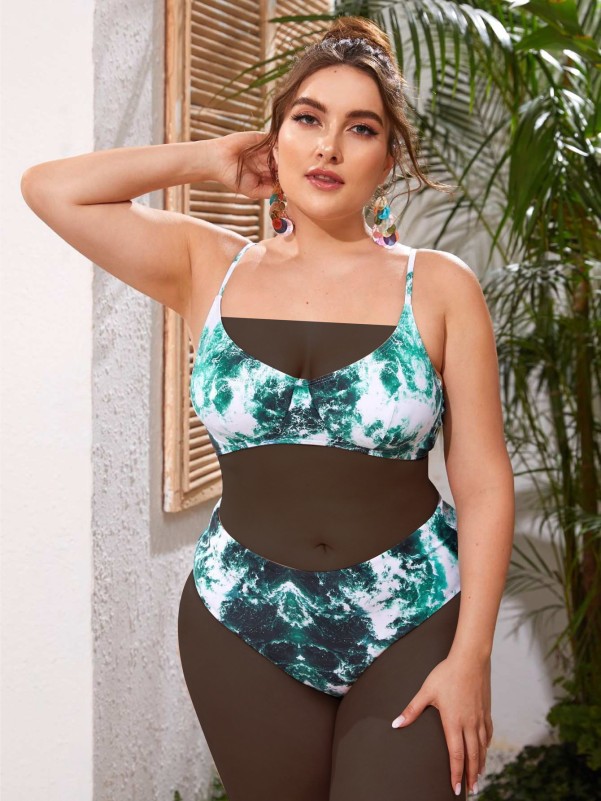 Plus Sea Wave Print Bikini Swimsuit