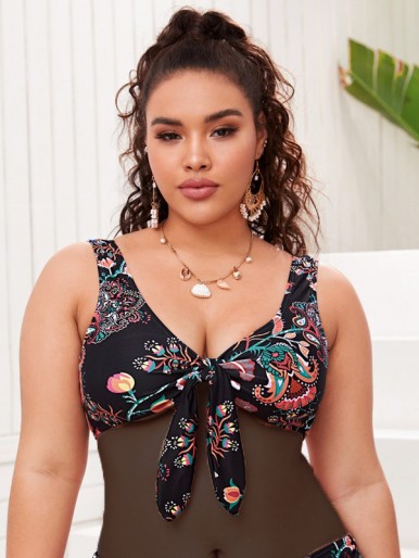 Plus Floral Knot Front Bikini Top