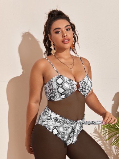 Plus Snakeskin Ring Linked Knot Front Bikini Swimsuit