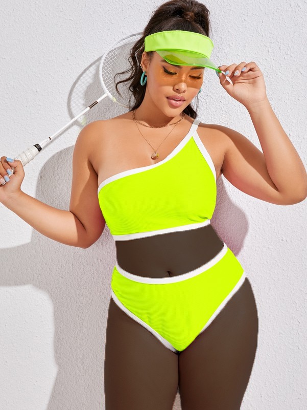 Plus Neon Lime Rib One Shoulder Bikini Swimsuit