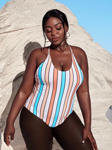 Plus Colorful Striped Cross Back One Piece Swimsuit