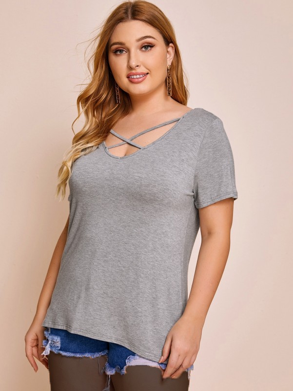 SHEIN Plus Crisscross Neck V-back Heather Gray Tee