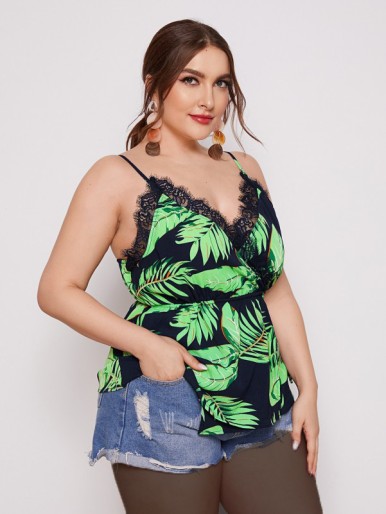 SHEIN Plus Drawstring Waist Lace Detail Tropical Print Cami Top