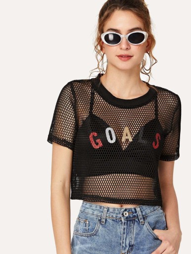 Letter Print Sheer Mesh Crop Top Without Bra