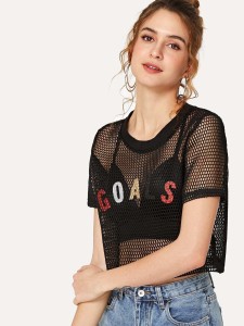 Letter Print Sheer Mesh Crop Top Without Bra