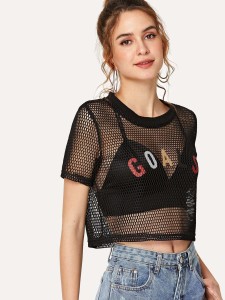 Letter Print Sheer Mesh Crop Top Without Bra