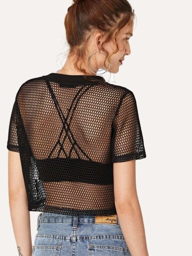 Letter Print Sheer Mesh Crop Top Without Bra