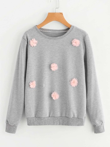 3D Flower Appliques Marled Sweatshirt