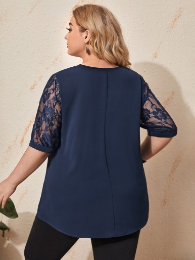 EMERY ROSE Plus Contrast Lace Notched Neck Blouse