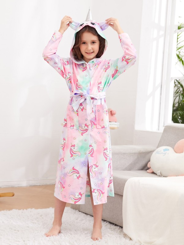 Girls Unicorn Print Tie Dye 3D Design Hooded Belted Lounge Robe