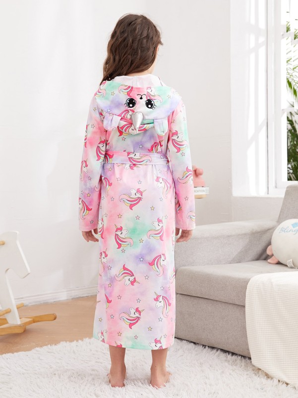 Girls Unicorn Print Tie Dye 3D Design Hooded Belted Lounge Robe