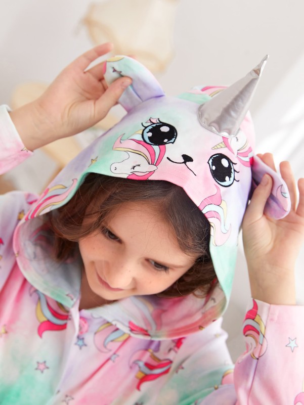 Girls Unicorn Print Tie Dye 3D Design Hooded Belted Lounge Robe