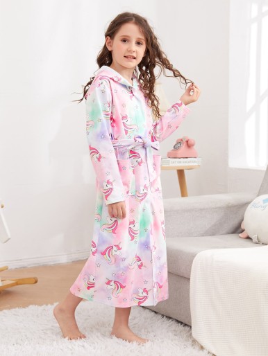 Girls Unicorn Print Tie Dye 3D Design Hooded Belted Lounge Robe