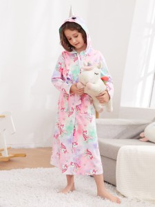 Girls Unicorn Print Tie Dye 3D Design Hooded Belted Lounge Robe