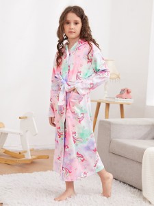 Girls Unicorn Print Tie Dye 3D Design Hooded Belted Lounge Robe