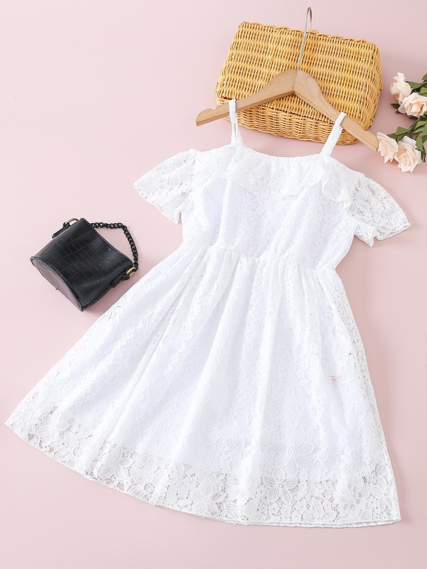 Girls Cold Shoulder Ruffle Trim Lace Dress