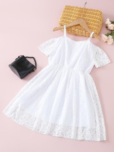 Girls Cold Shoulder Ruffle Trim Lace Dress