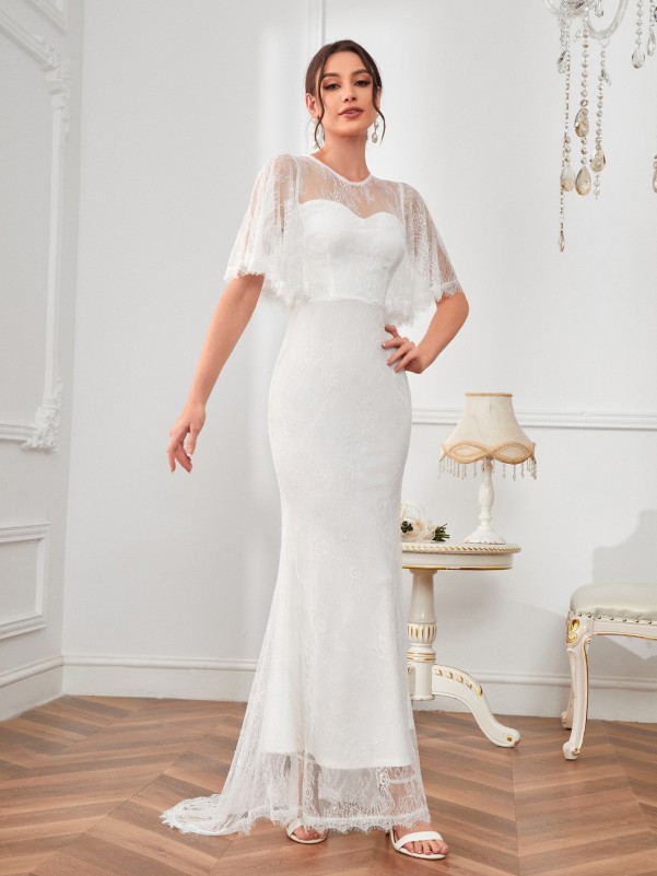 SHEIN Flutter Sleeve Mermaid Hem Lace Wedding Dress