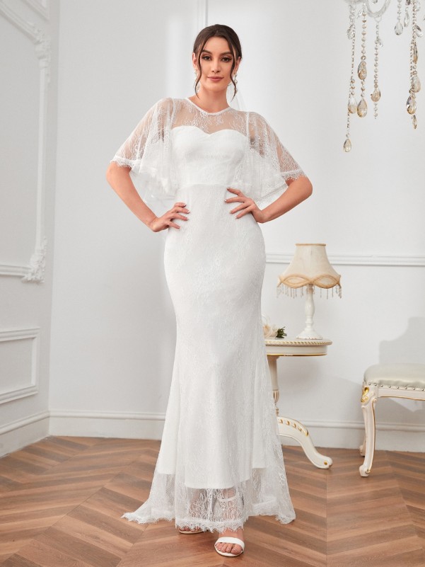 SHEIN Flutter Sleeve Mermaid Hem Lace Wedding Dress