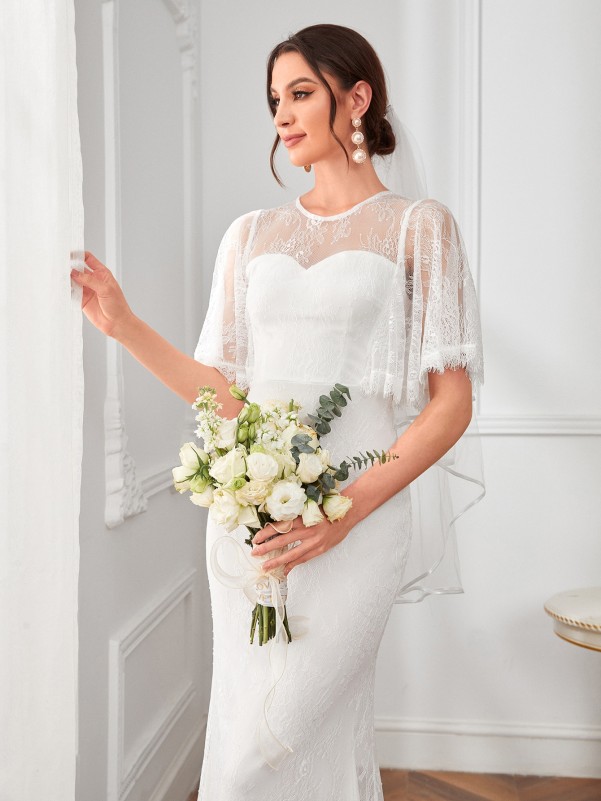 SHEIN Flutter Sleeve Mermaid Hem Lace Wedding Dress