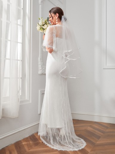 SHEIN Flutter Sleeve Mermaid Hem Lace Wedding Dress