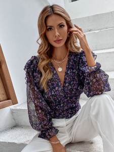 Floral Shirred Ruffle Trim Chiffon Blouse