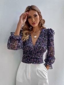 Floral Shirred Ruffle Trim Chiffon Blouse