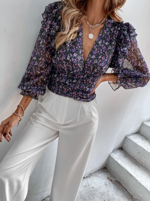 Floral Shirred Ruffle Trim Chiffon Blouse