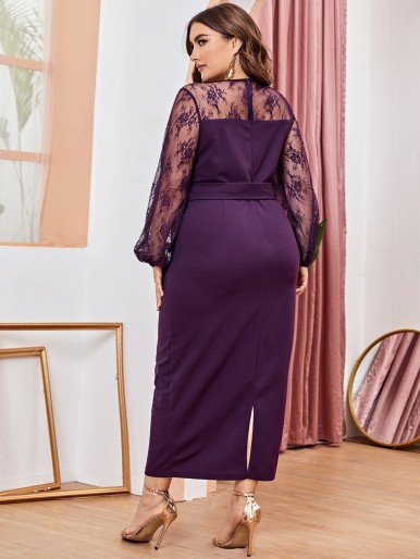 Women's Plus Size Embroidered Mesh Sleeve Yoke Split Back Belted Dress