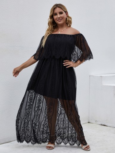 Plus size black lace off shoulder maxi dress