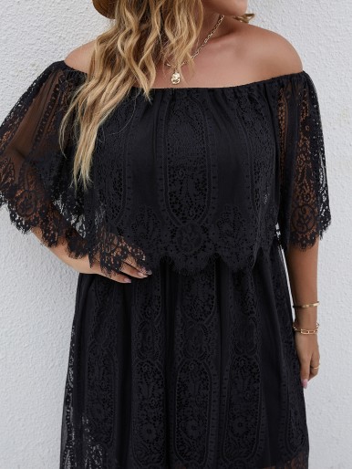 Plus size black lace off shoulder maxi dress