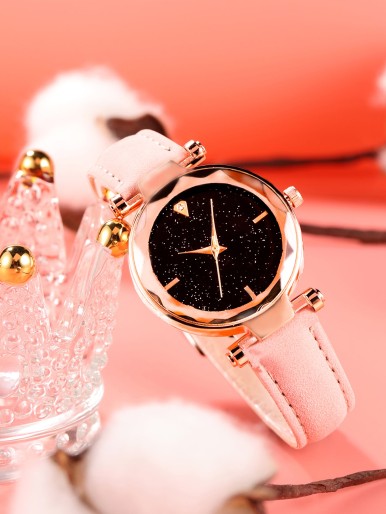 Starry Sky Dial Round Pointer Quartz Watch