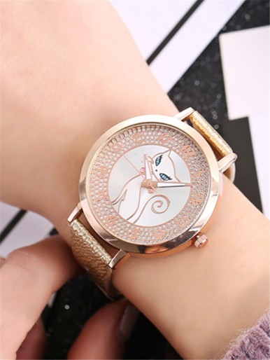 Rhinestone Decor Cat Pattern Dial Round Pointer Quartz Watch