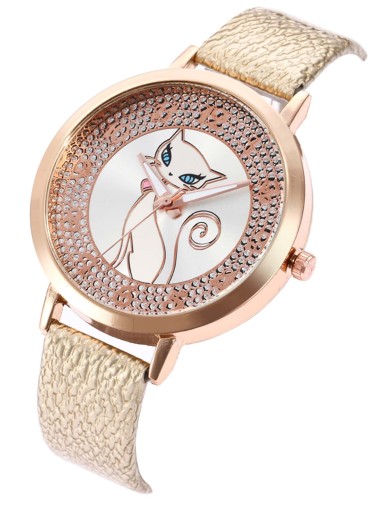 Rhinestone Decor Cat Pattern Dial Round Pointer Quartz Watch