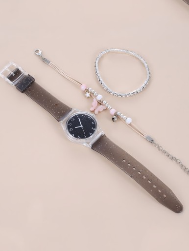 1pc Kids Rubber Strap Quartz Watch & 2pcs Bracelet