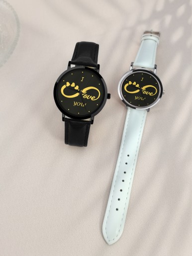 2pcs Couple Letter Graphic Dial Quartz Watch