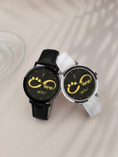 2pcs Couple Letter Graphic Dial Quartz Watch