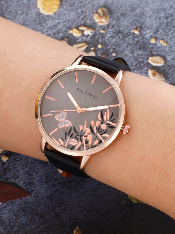 Floral & Butterfly Print Dial Quartz Watch