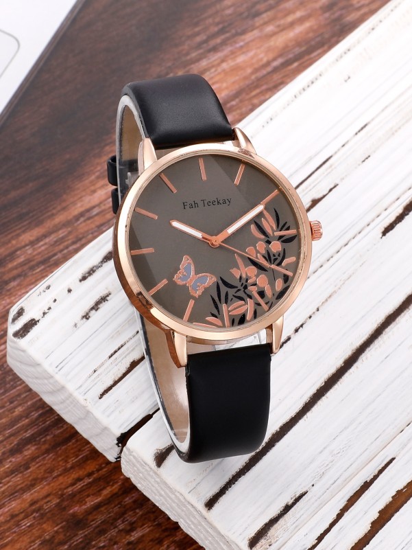 Floral & Butterfly Print Dial Quartz Watch